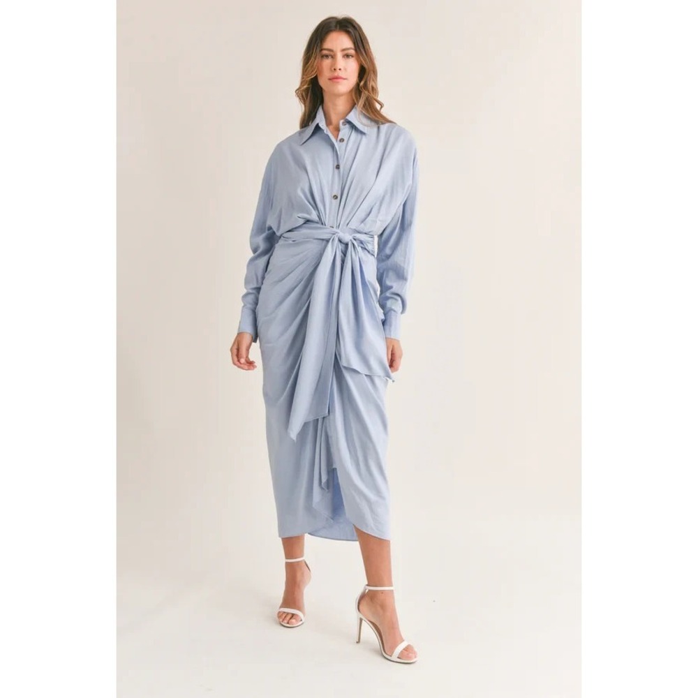 MABLE Sz M Blue/Multi Striped Midi Shirt Dress Front Tie Long Sleeve Coastal - Picture 4 of 15